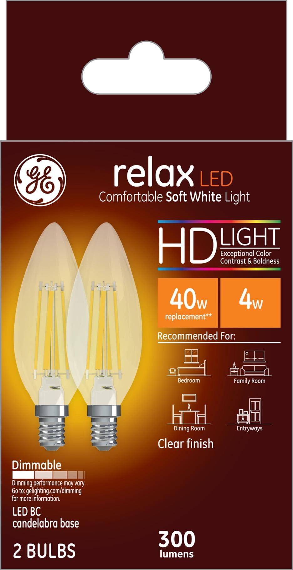GE 2pk 40W Relax Clear LED Decorative Light Bulbs Soft White: E12 Candelabra Base, Dimmable, Energy Star, 13.7-Year Life