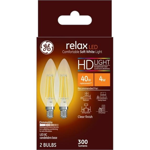 GE 2pk 40W Relax Clear LED Decorative Light Bulbs Soft White: E12 Candelabra Base, Dimmable, Energy Star, 13.7-Year Life