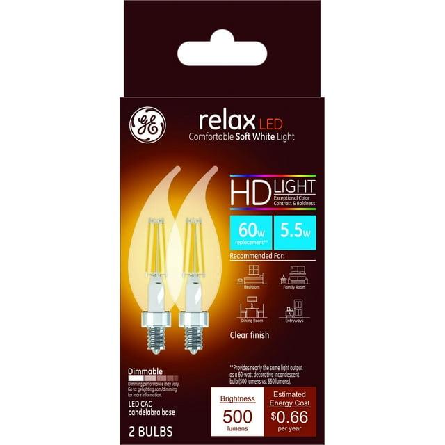 GE 2pk 60W Clear Relax LED Decorative Light Bulbs Soft White: Candelabra E12 Base, Dimmable, Energy Star Certified