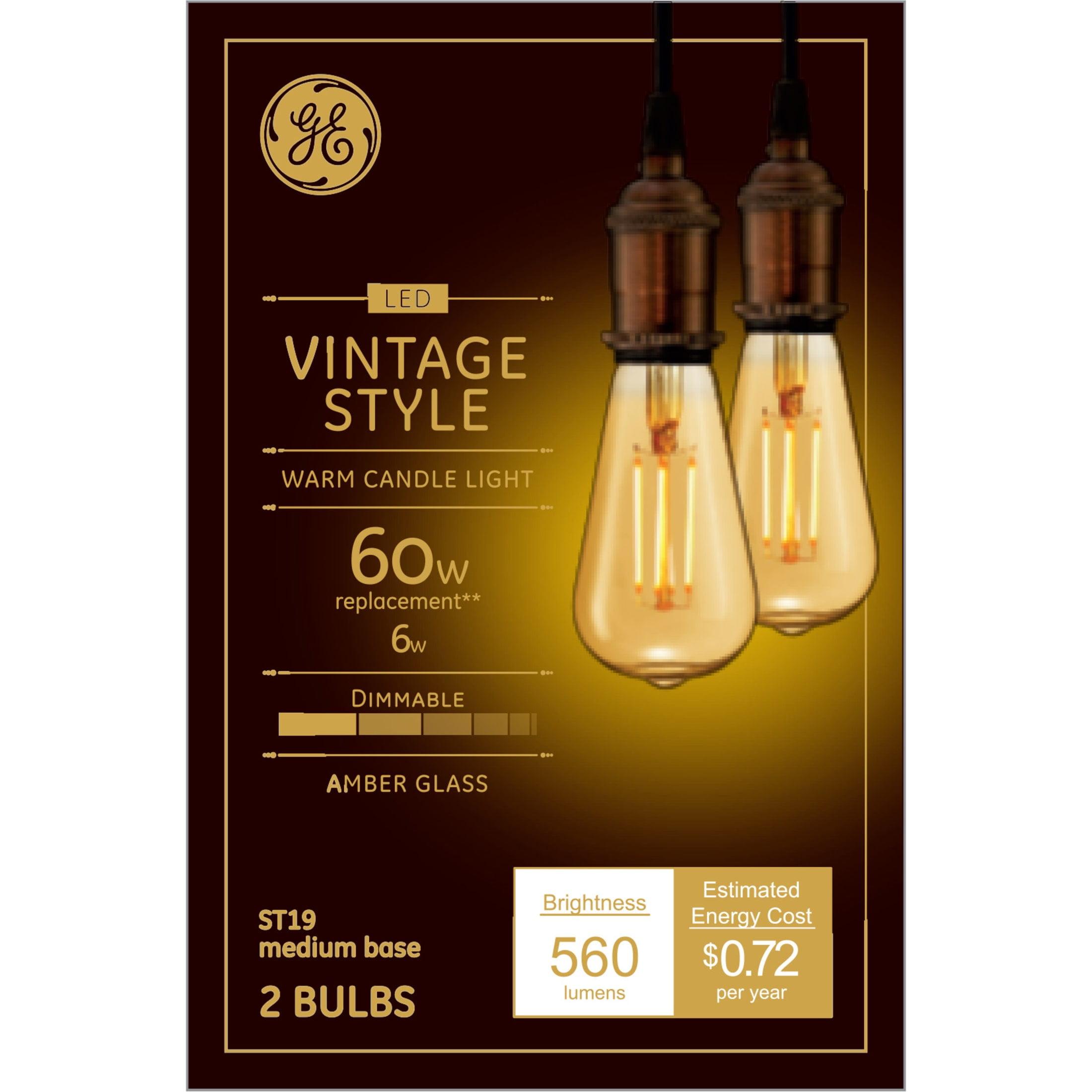GE 2pk 60W Vintage Style ST19 LED Edison Light Bulbs Amber Glass: E26 Base, Dimmable, Warm Light, Antique Style