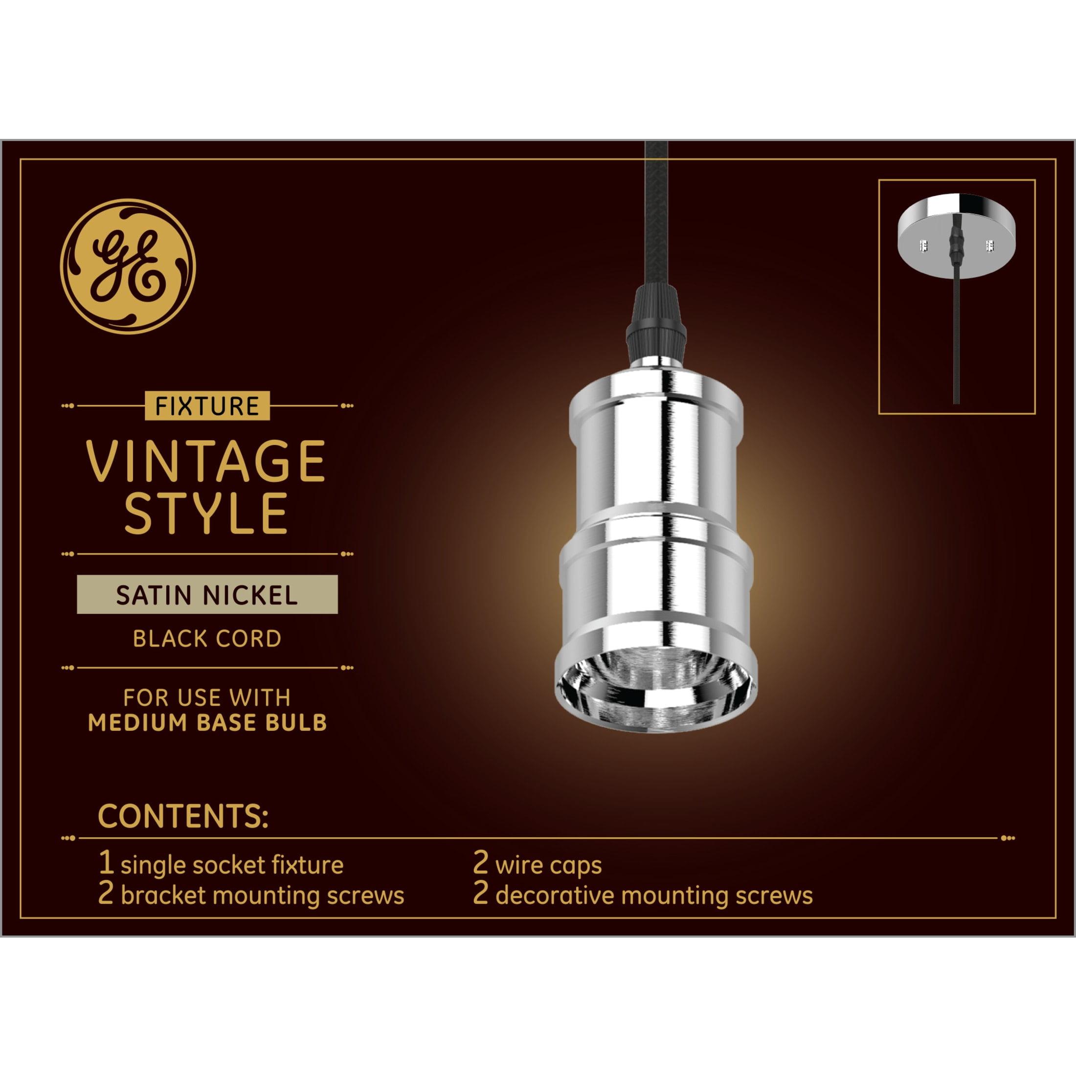 GE Vintage Style Pendant Fixture Satin Nickel: Light Socket Adapter, 5 Year Warranty, Plastic, 5.117" Height, 0.65 lbs