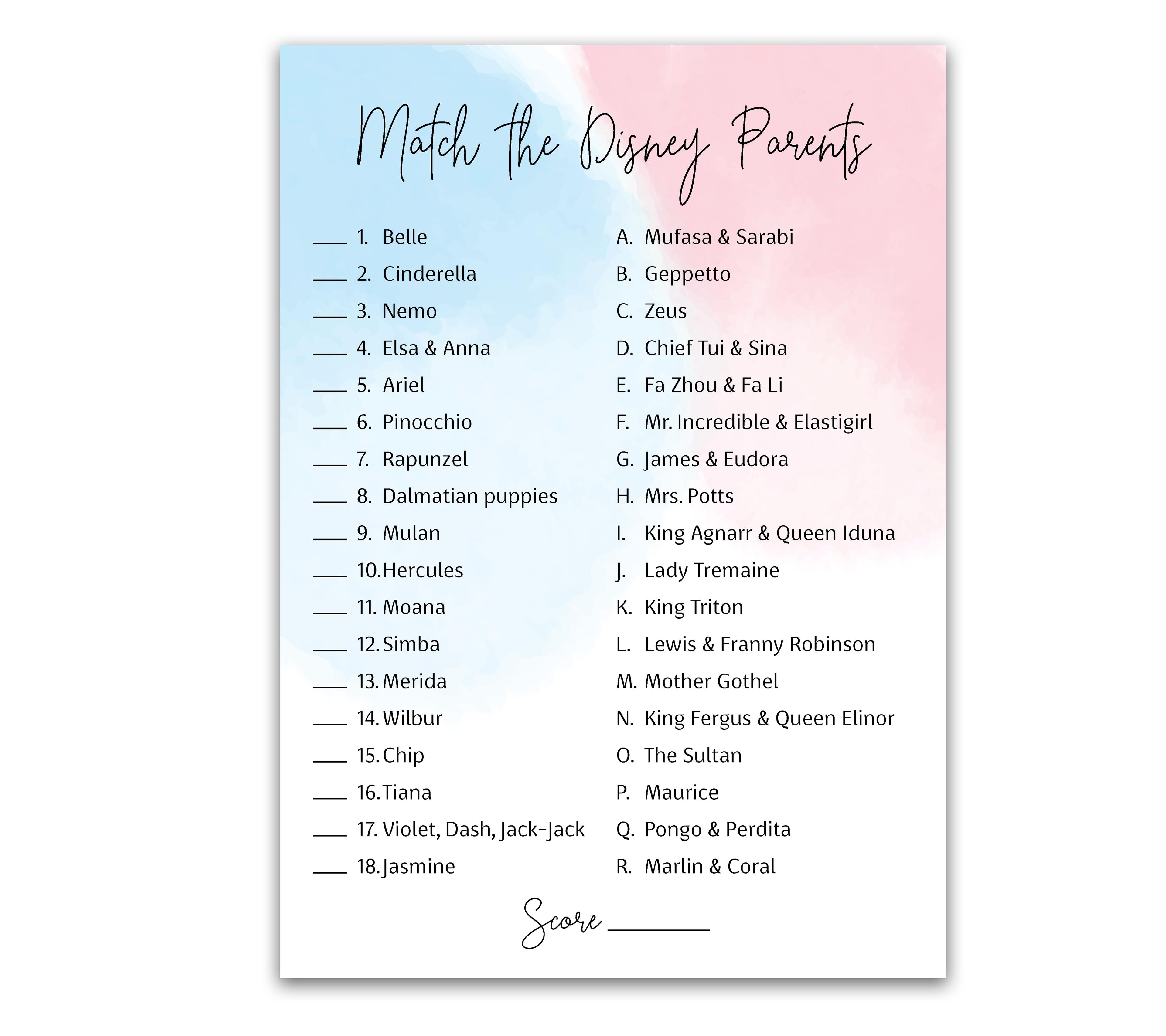 GENDER NEUTRAL Baby Shower Game — DISNEY PARENT MATCH Game — Pack of 25 — PURPLE Elephant Baby Shower Game, Match Famous Disney Parents Fun Shower Activity, Disney Star Kids Match Game, SKU G752-DPM