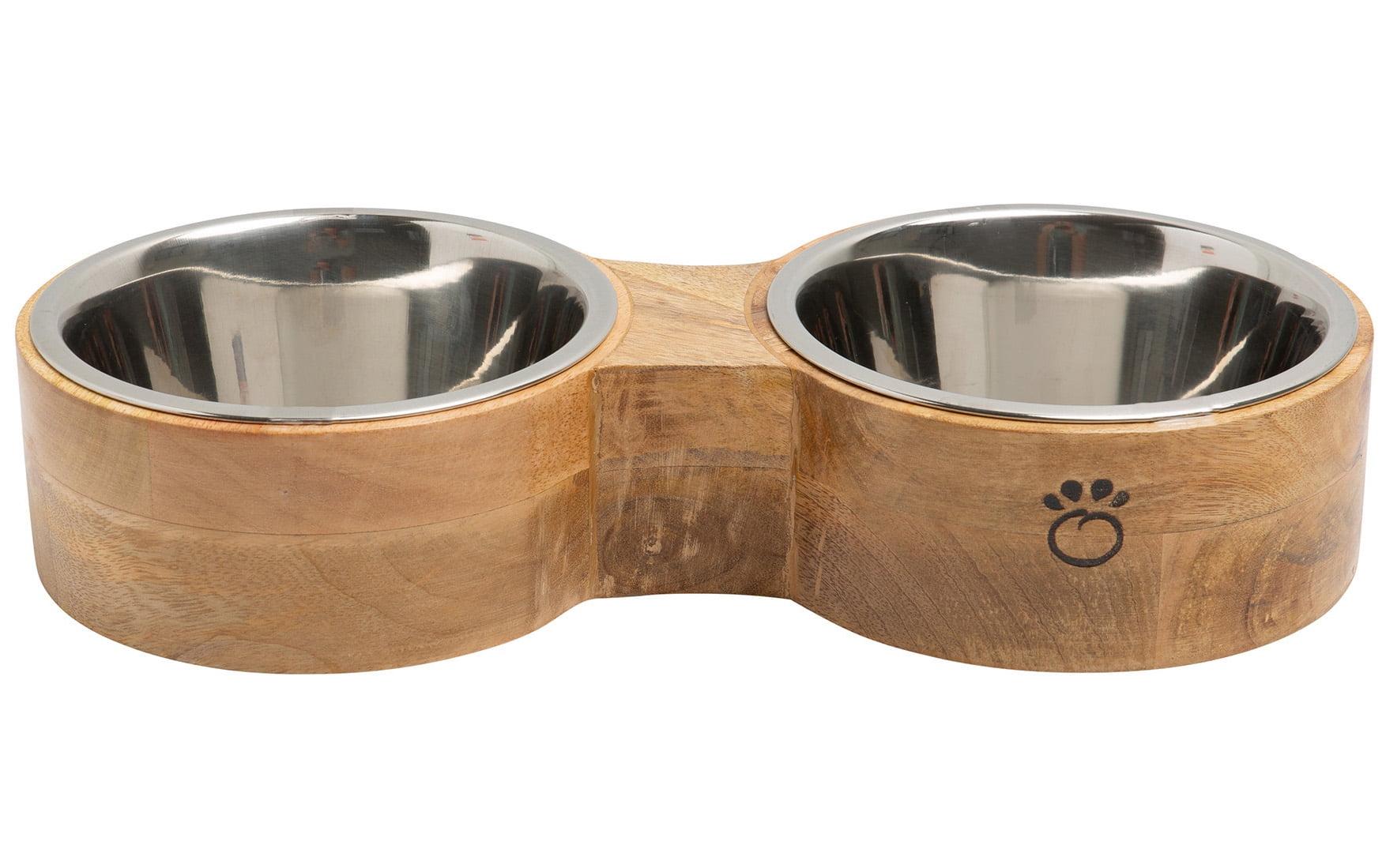 Small Mango Wood Elevated Double Pet Feeder with Stainless Steel Bowls