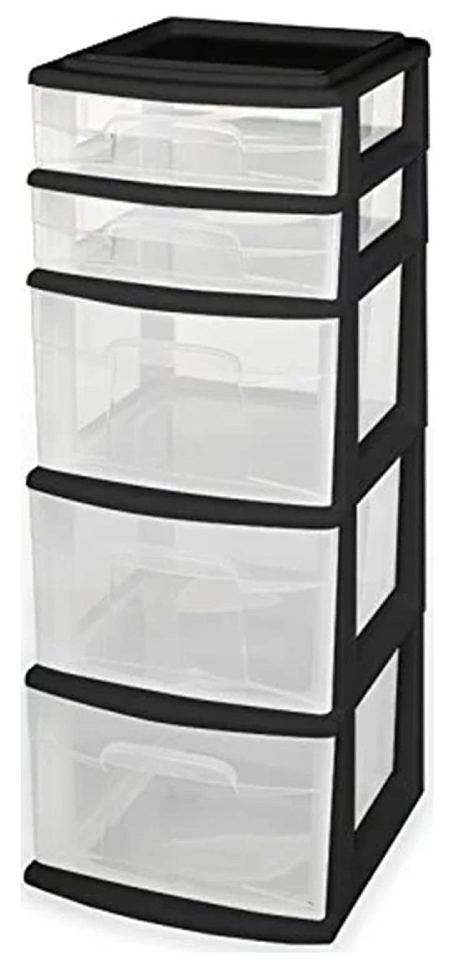 Black and Clear Plastic 5-Drawer Storage Tower