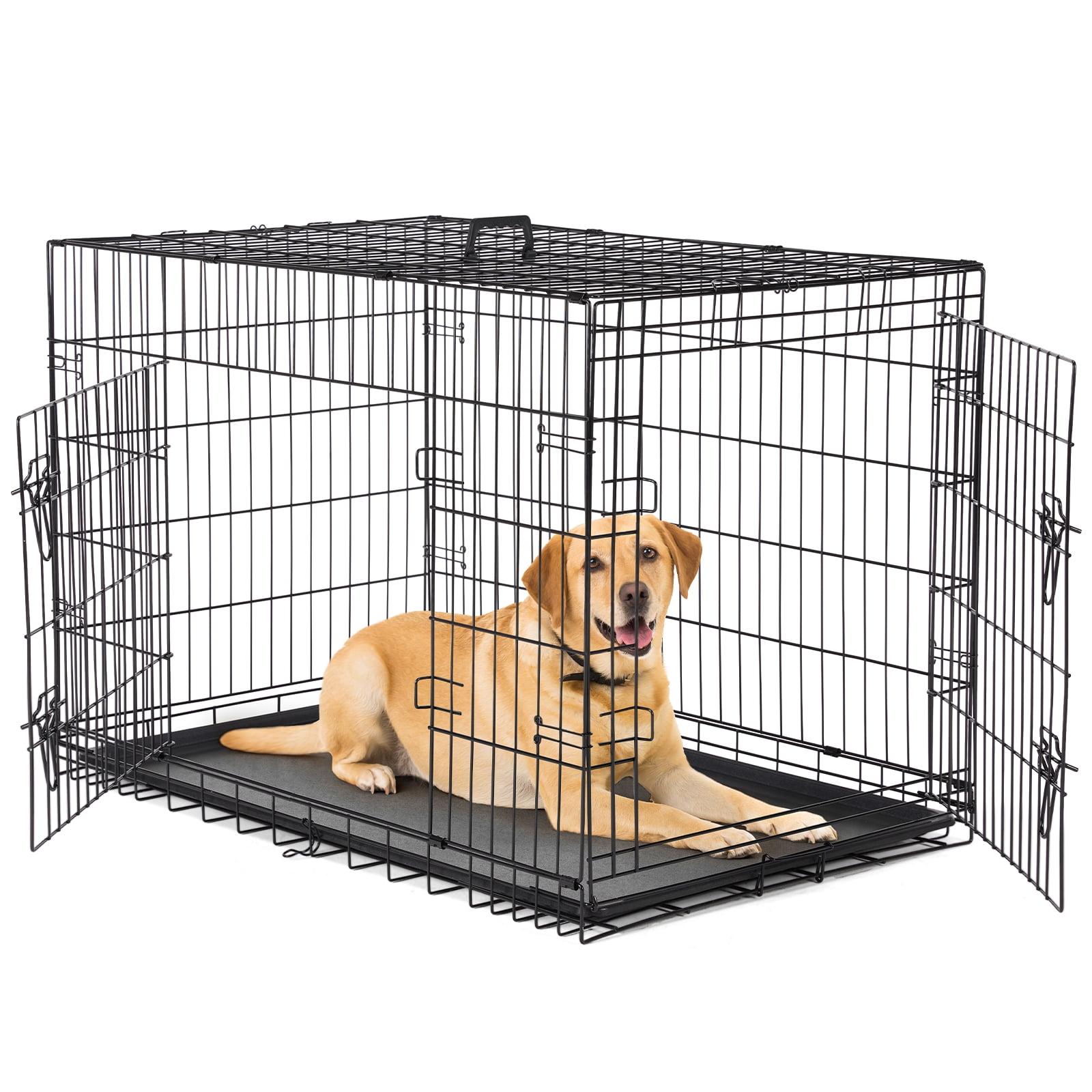 CL.HPAHKL Durable Large Dog Crate, Folding Metal Dog Kennel Double Door Dog Cage with Plastic Tray, Wire Crate for Large Dog Indoor Outdoor Travel (Black, 42 inch)