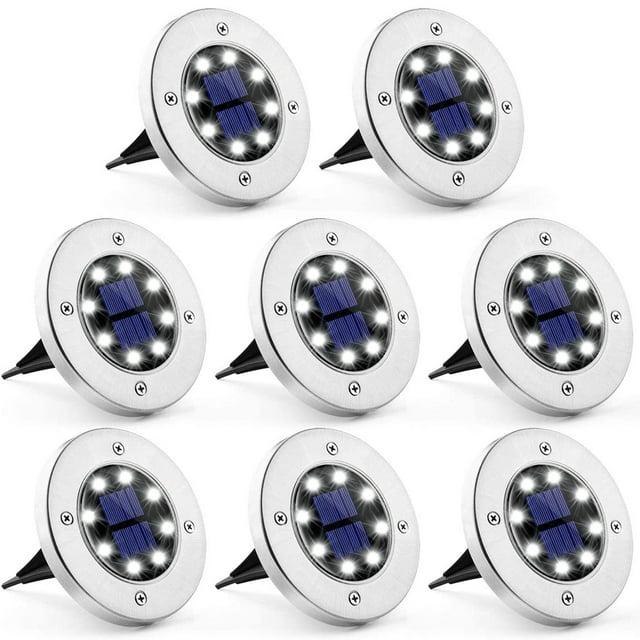 GIGALUMI Solar Ground Lights 8 Pack, 8 LED Solar Powered Disk Lights Outdoor Waterproof Garden Landscape Lighting for Yard Deck Lawn Patio Pathway Walkway (White)