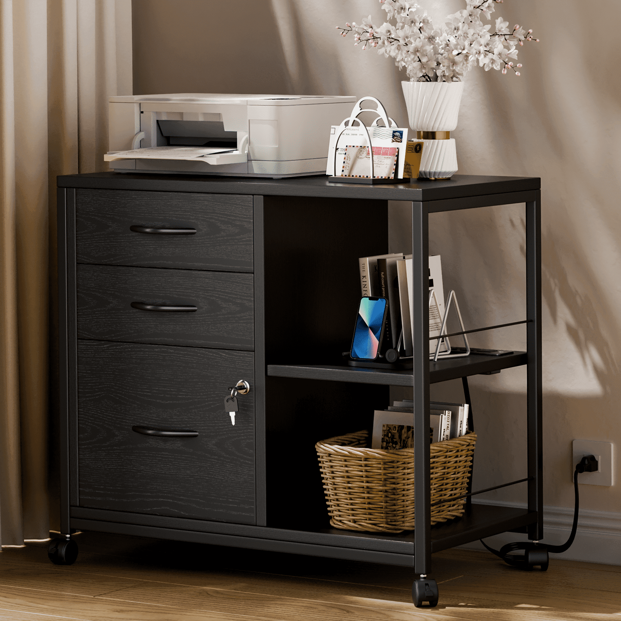 Black Wood 3-Drawer File Cabinet with USB Ports