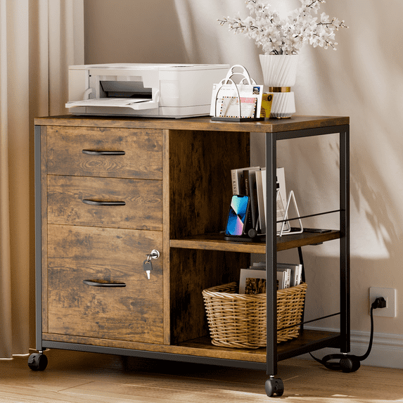 GIKPAL 3 Drawers File Cabinet with Printer Stand and USB Charging Ports, Wood Filing Cabinet with Locking for A4/Letter Size, for Home Office, Brown