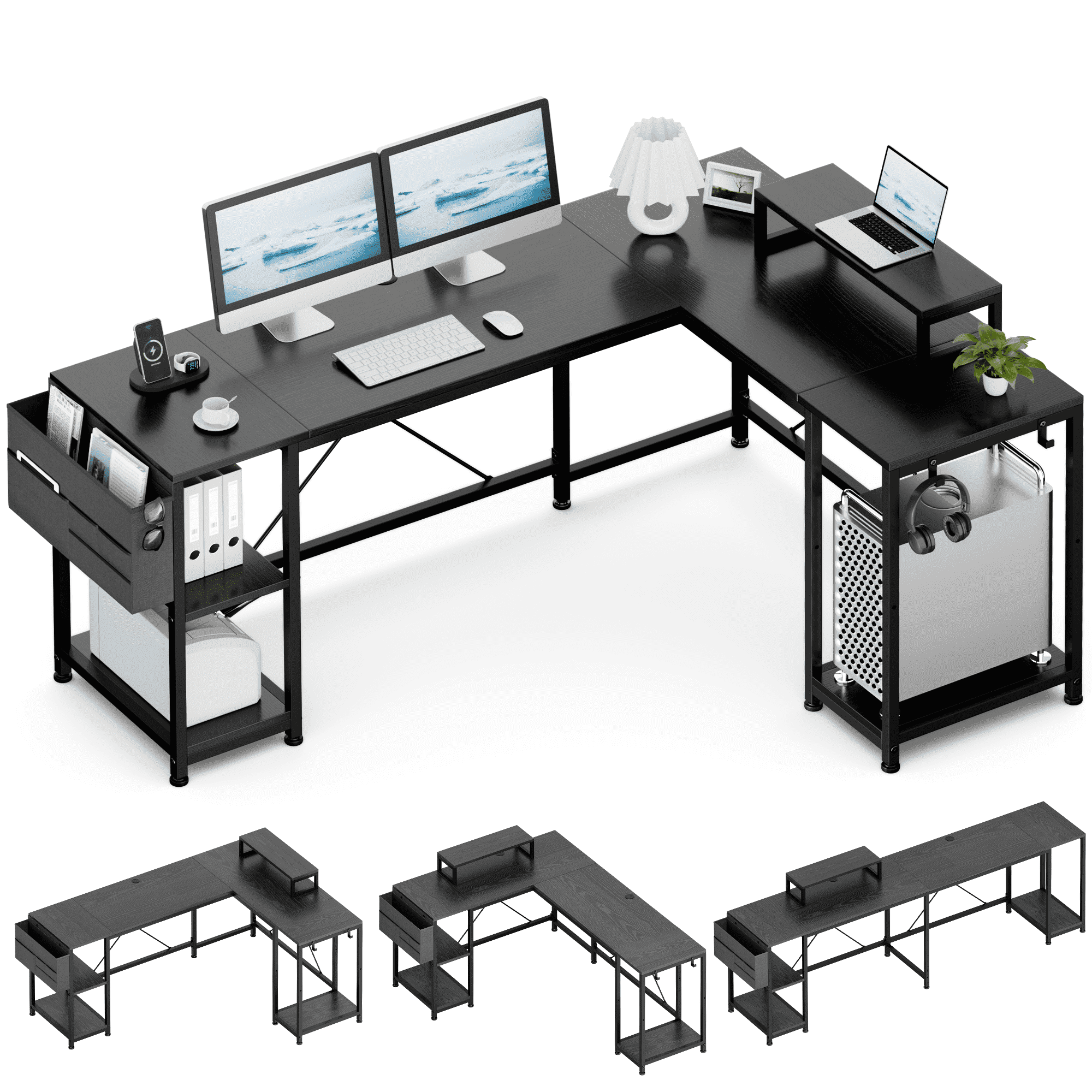 Black L-Shaped Wood Computer Desk with Drawers and Hook