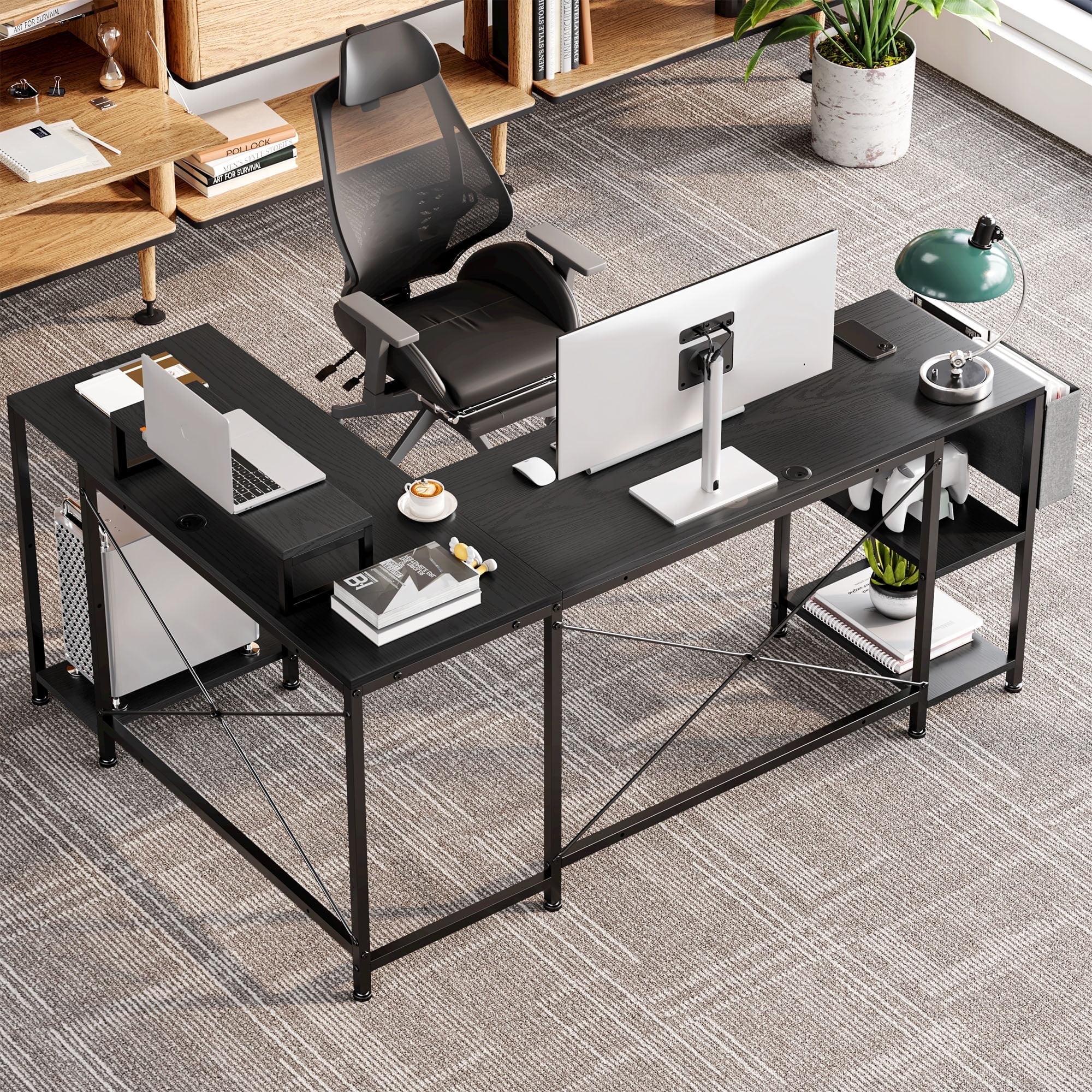 Black L-Shaped Computer Desk with Drawer and Power Outlet