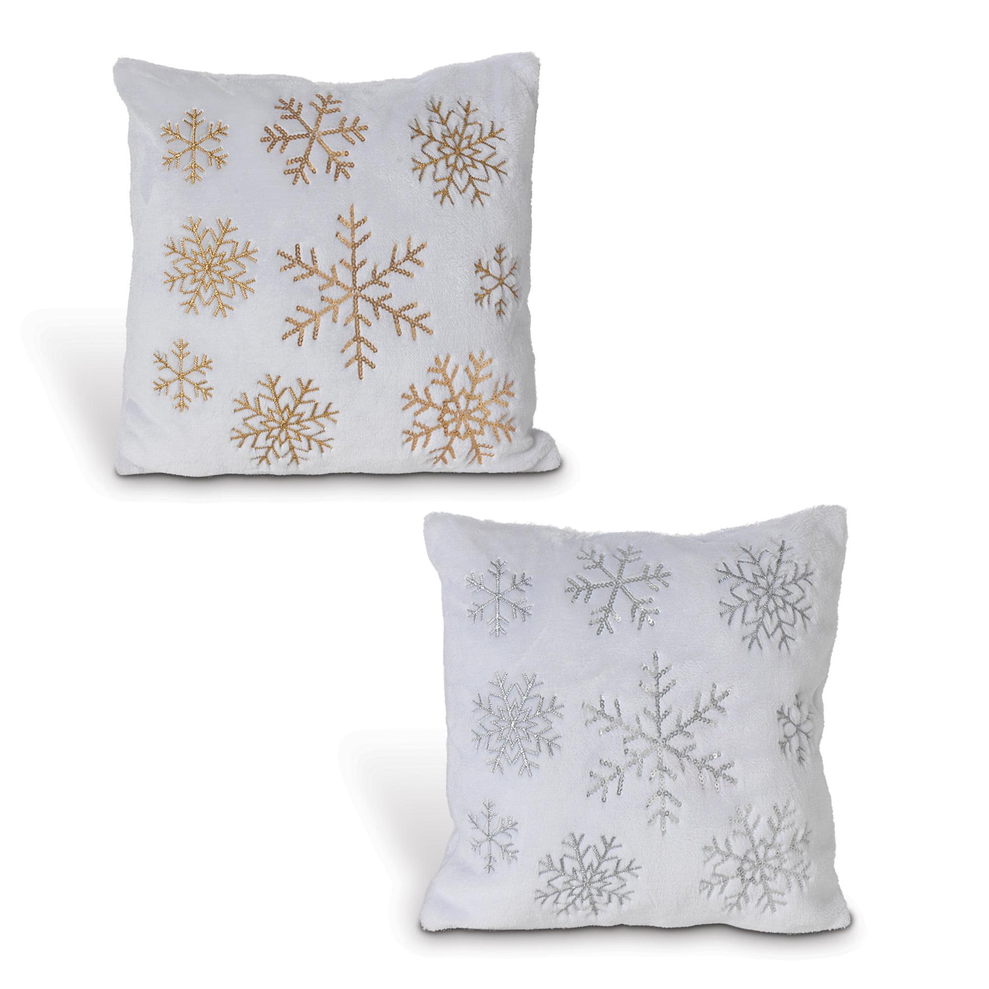 16'' White and Gold Embroidered Square Christmas Pillows, Set of 2