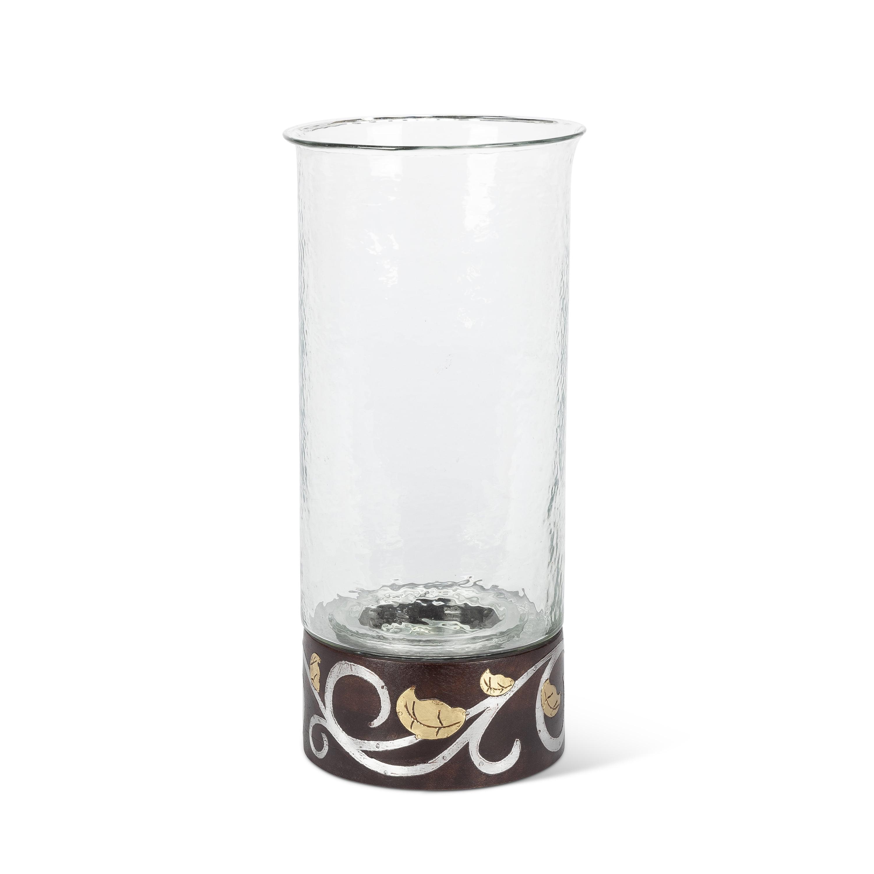 Gold Leaf 16" Mango Wood Inlay Hurricane Candleholder