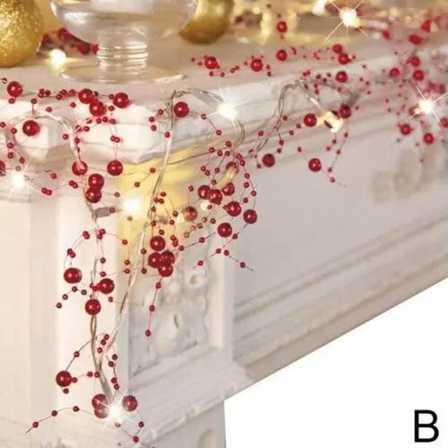 Collections Etc Lighted Berry-Beaded Holiday Garland Red