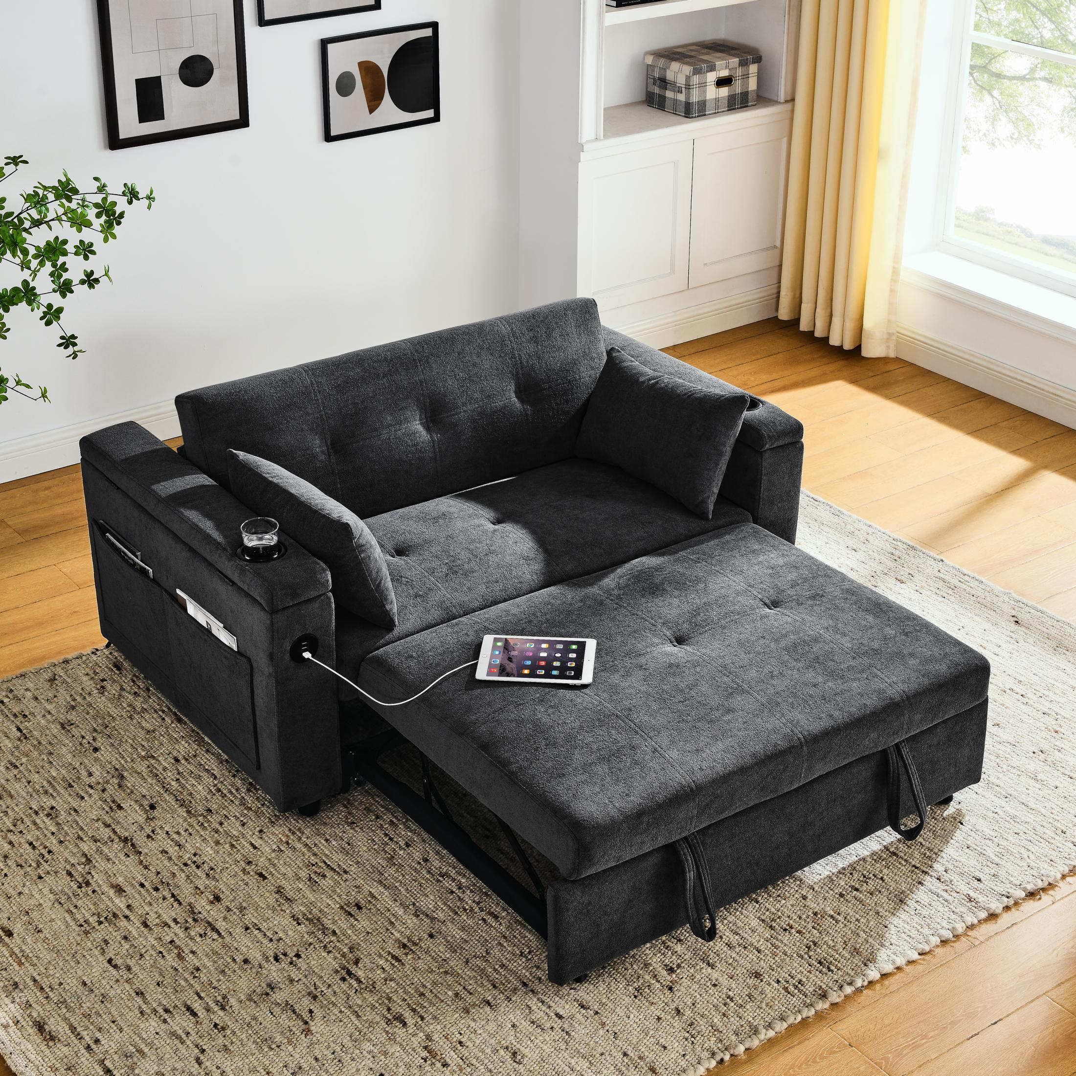 Gray Velvet Reclining Sleeper Sofa with Storage and Cup Holder