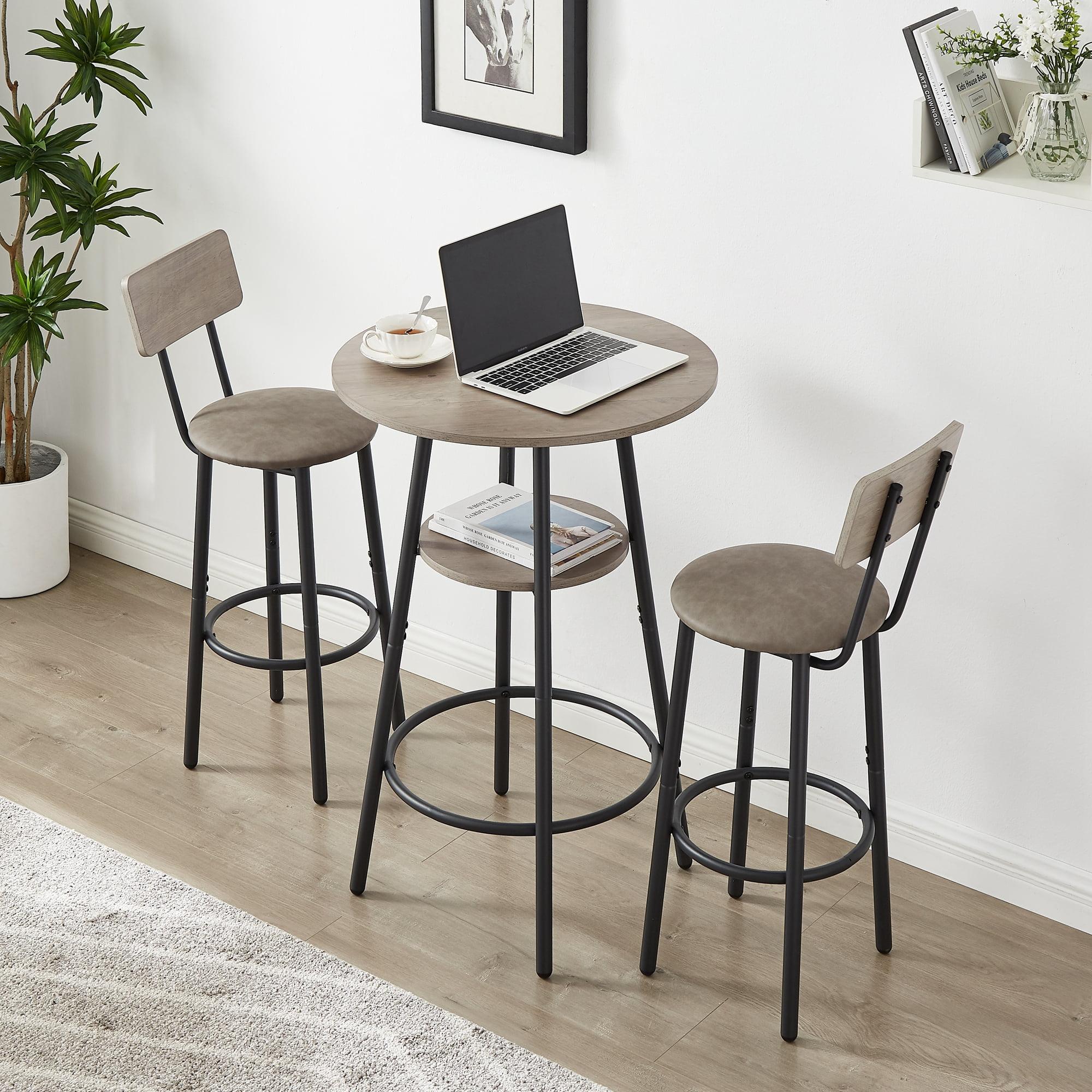 Modern Bar Table Set, SYNGAR Kitchen Table and Chairs for 2, 3 Piece Counter Height Dining Set with 2 Cushioned Stools, Round Long Bistro Pub Table Set, Breakfast Dining Table Set, Gray