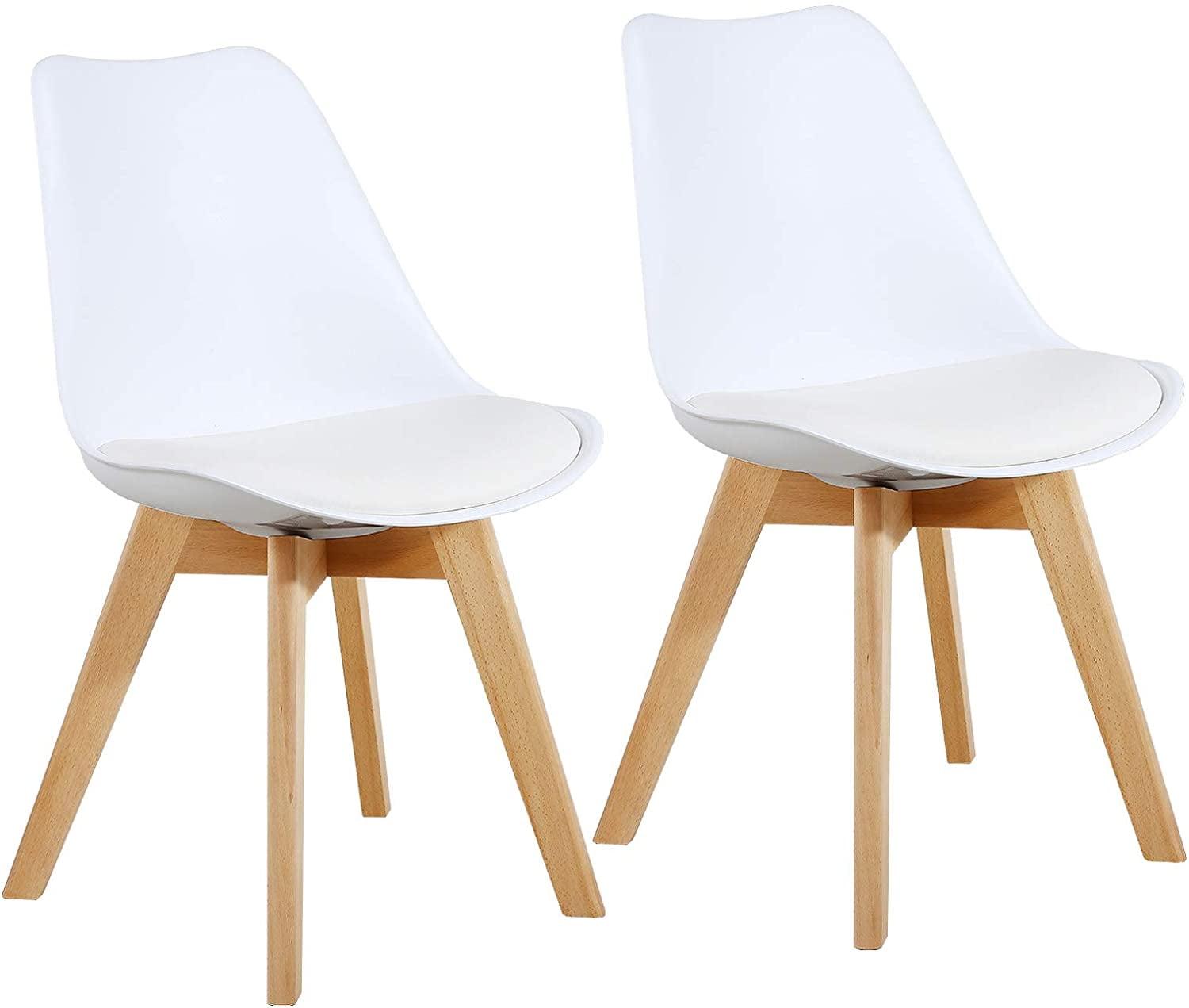 GOTMINSI Set of 2 Modern Style Chair Dining Chairs, Shell Lounge Plastic Chair with Natural Wood Legs (White)