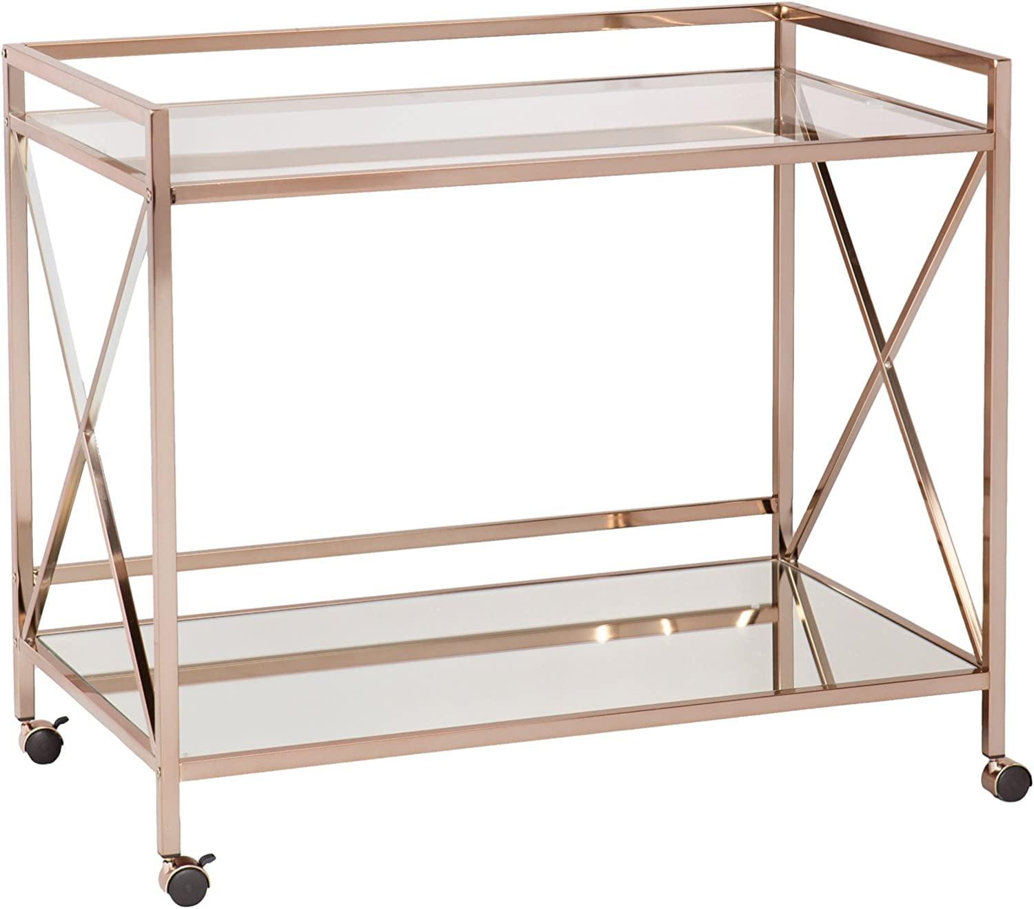 Metallic Gold Glass and Mirror Bar Cart with Storage