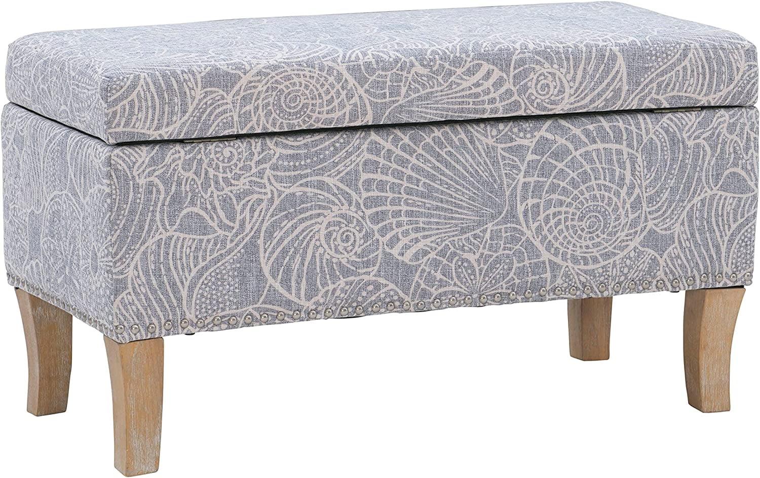 Coastal Charm Stone Gray Storage Ottoman with Seashell Pattern