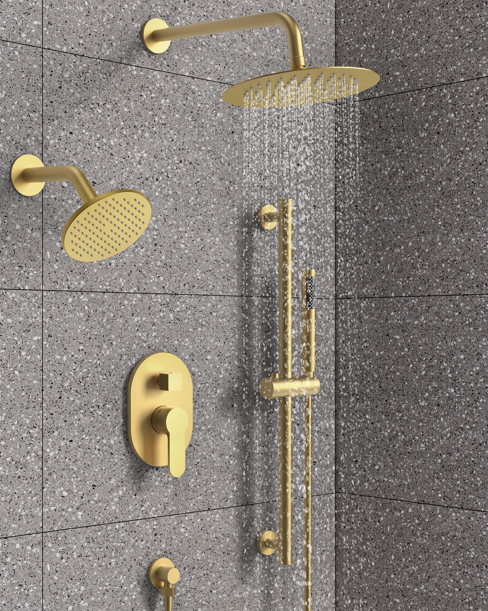GRANDJOY Complete Shower System, 10" and 6" Dual Wall Mount Rain Shower Faucets with Handheld Shower Spray, High Pressure in Brushed Gold