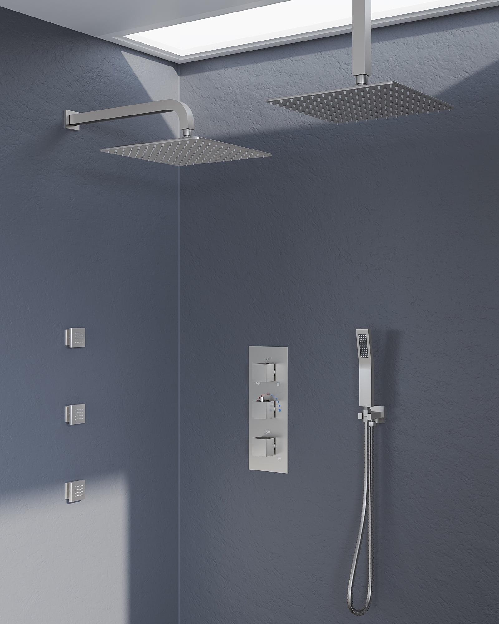 Thermostatic Dual Heads with 12" Rain Shower Faucet, Hand Shower and 3 Body Jets Matte Black