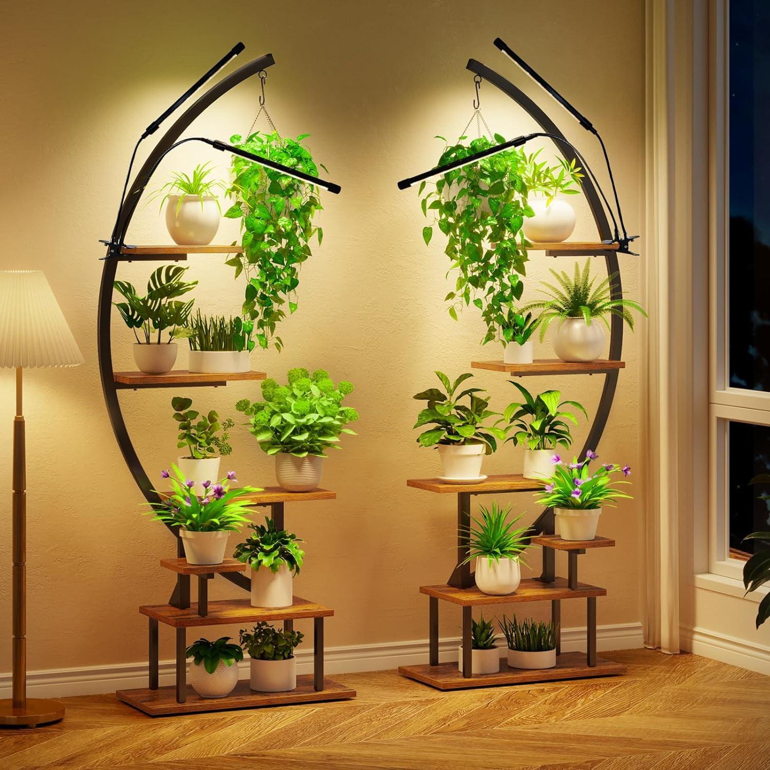 Black Iron Half Moon 7-Tier Plant Stand with Grow Lights