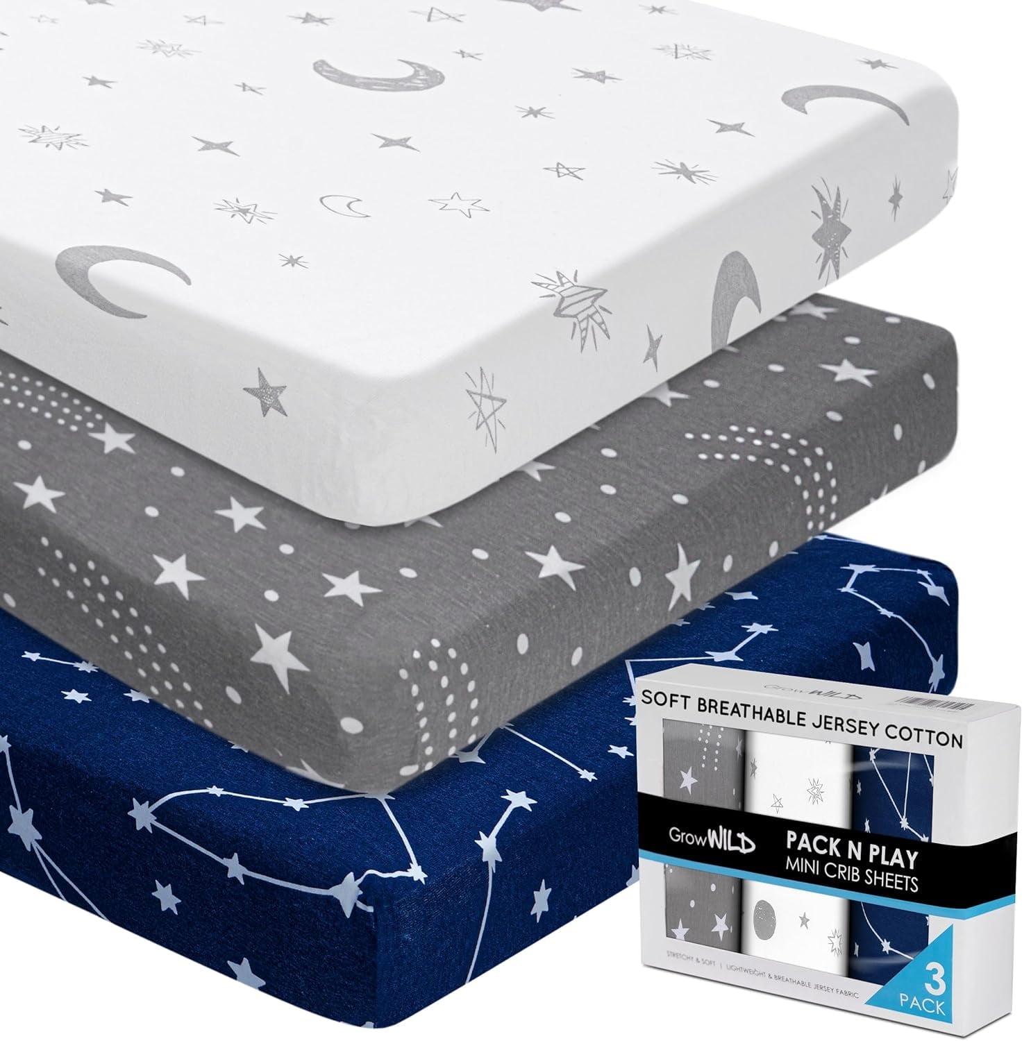 GROW WILD Pack n Play Fitted Sheets 3 Pack - 38” x 24" Jersey Cotton Crib Sheets