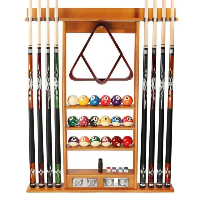 GSE Games & Sports Expert Pool Cue Stick Hanging Wall Mounting Rack with Score Counter, Cue Rack Only. Holds 8 Pool Cue Stick, Billiard Ball and Ball Rack - Oak