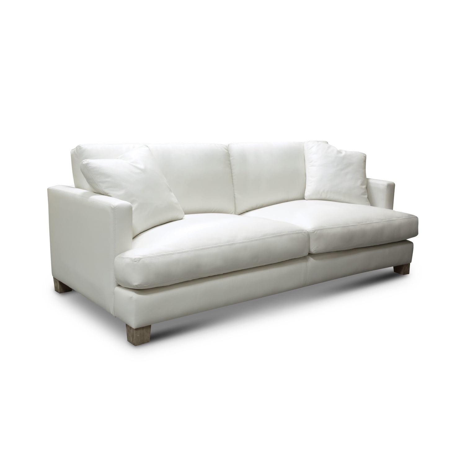 Elegant White Top Grain Leather 3-Seater Sofa with Solid Wood Legs