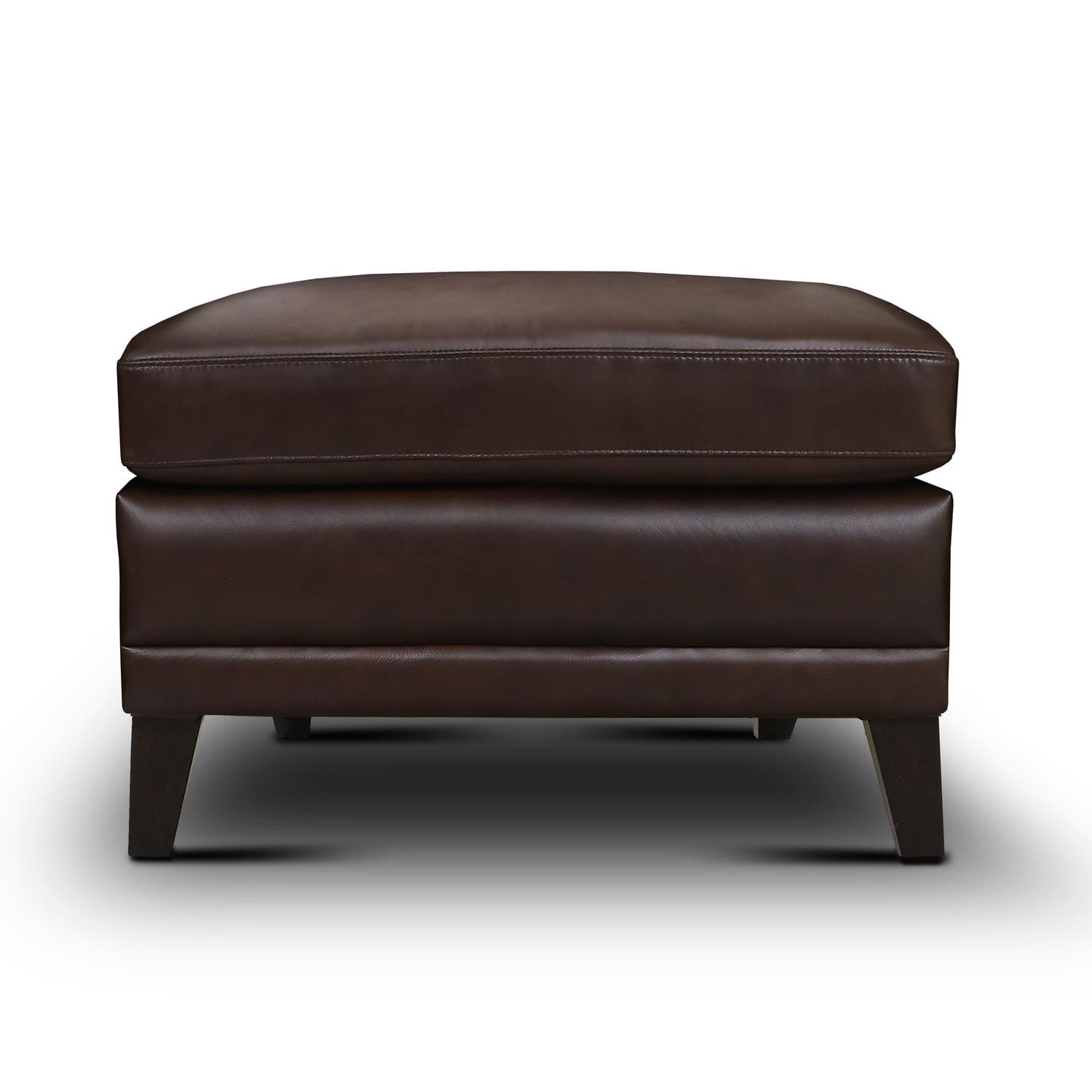 Sienna Luxe Genuine Leather Transitional Ottoman in Brown