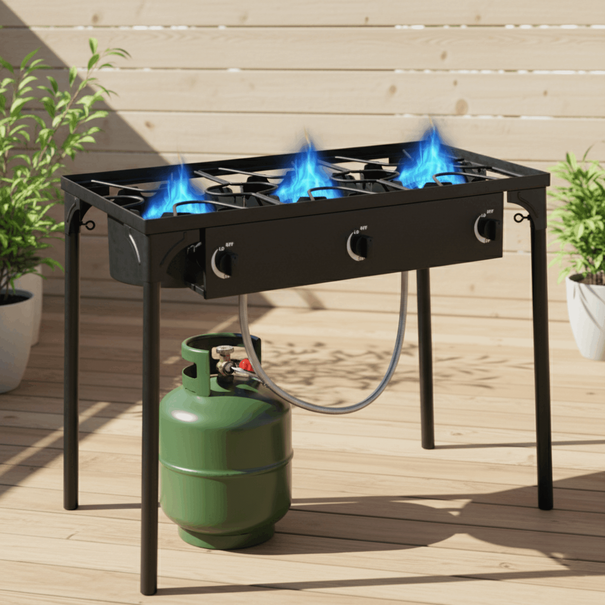 GVDV 3-Burner Propane Camping Stove, Gas Stove for Outdoor Cooking BBQ, 225,000 -BTU, 20 PSI Regulator, High Pressure, Heavy Duty, Black