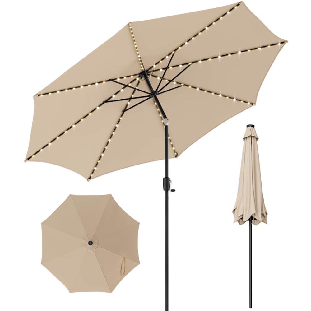 Tangkula 10FT Solar Patio Umbrella with 112 LED Lights Outdoor Table Market Umbrella with Crank Lifting Handle & Push Button Tilt System Beige