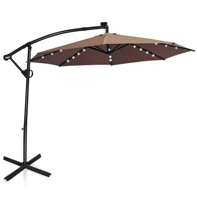 GVN 10 ft 360° Rotation Solar Powered LED Patio Offset Umbrella without Weight Base-Tan, Patio Offset Umbrella with Easy Tilt Adjustment, Cantilever Patio Umbrellas, Sunshade Umbrella Canopy
