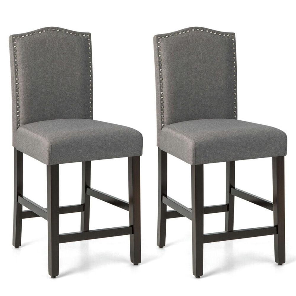 Gray Linen Upholstered Counter Height Dining Chairs with Nailhead Trim, Set of 2