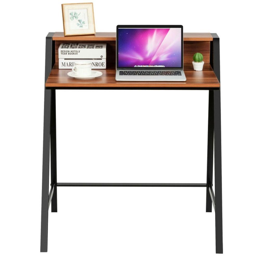 Walnut and Black 2-Tier Computer Desk with Iron Frame