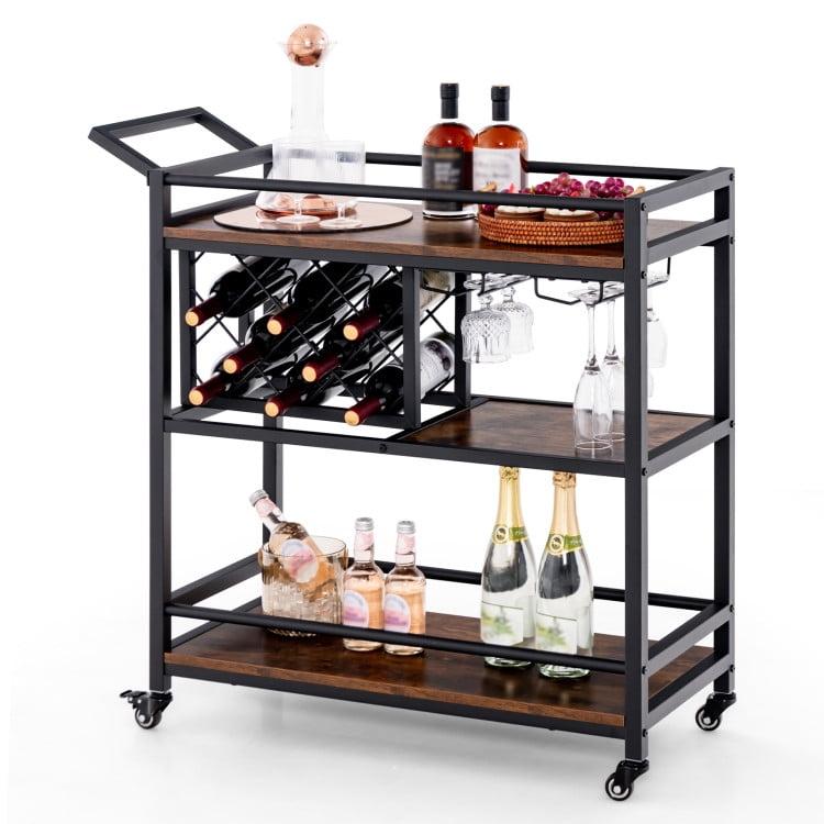 Costway 3-tier Bar Cart on Wheels Home Kitchen Serving Cart with Wine Rack & Glass Holder Rustic Brown