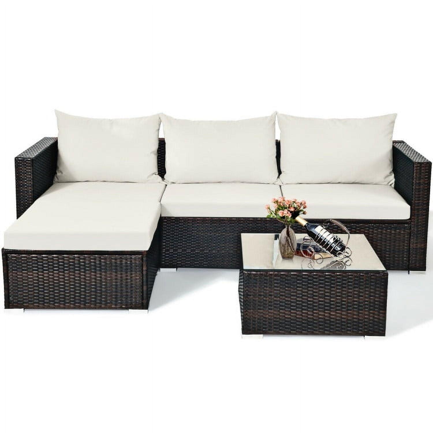 Topcobe 5 Pieces Patio Rattan Sectional Furniture Set with Cushions and Coffee Table, Outdoor Furniture, Off White