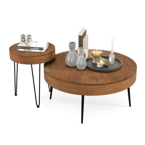 Millwood Pines Set of 2 Boho Round Coffee Table with Solid Pine Wood Top and Metal Legs