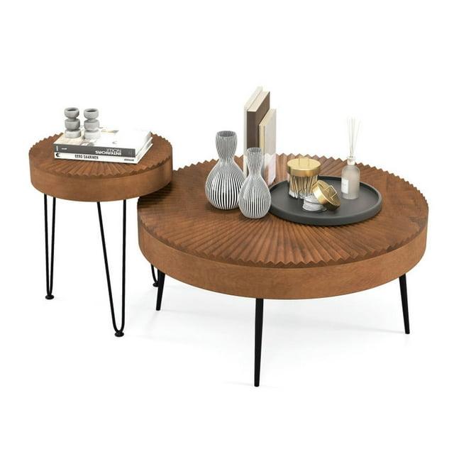 Millwood Pines Set of 2 Boho Round Coffee Table with Solid Pine Wood Top and Metal Legs