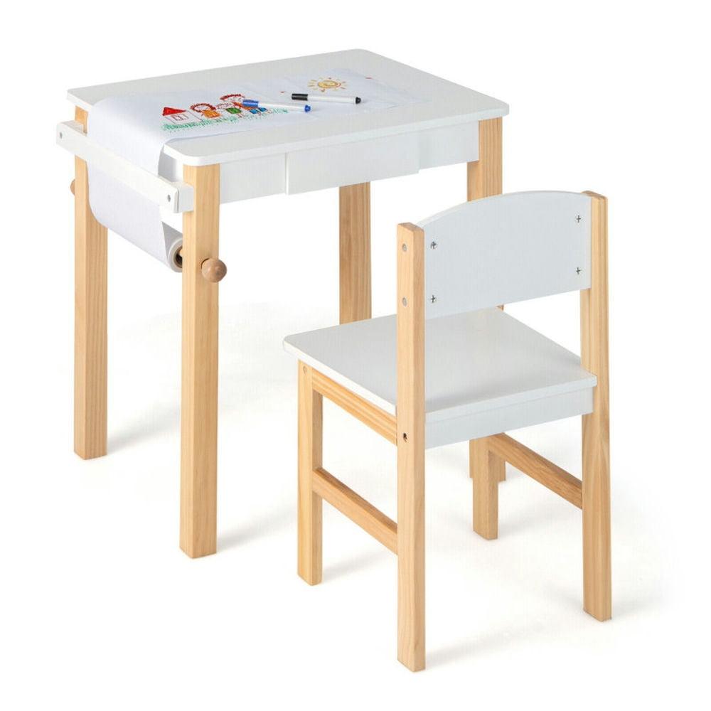 White and Natural Wooden Kids Art Table and Chair Set with Paper Roll