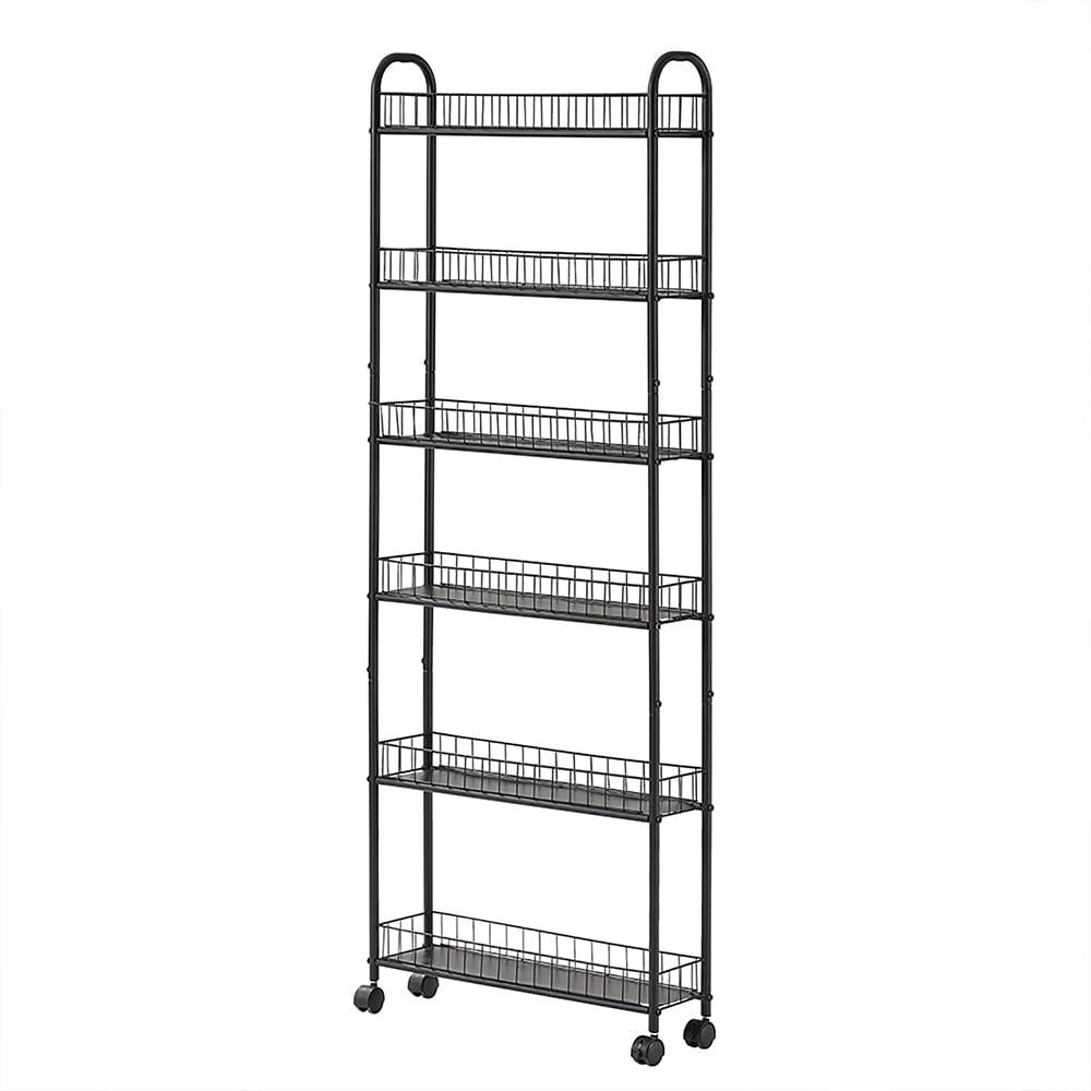 Black Metal 6-Tier Slim Rolling Storage Cart with Lockable Wheels