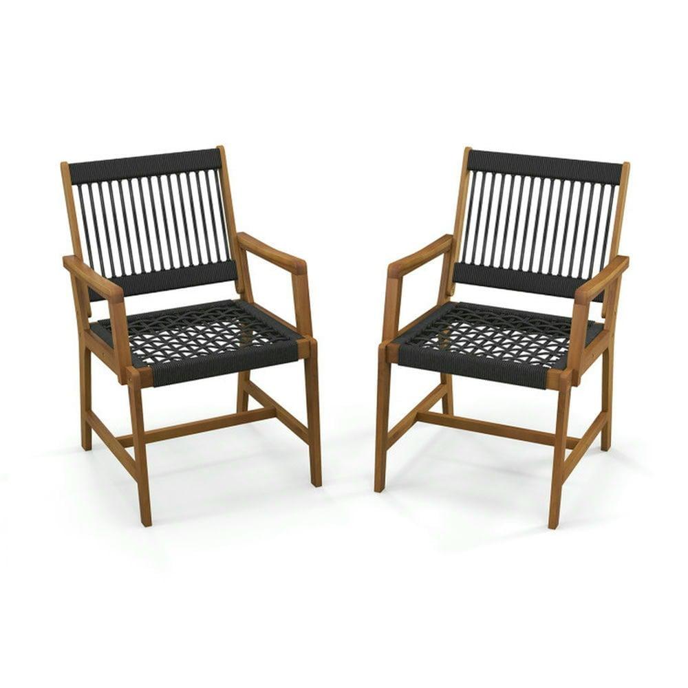 Costway Patio 2pcs Acacia Wood Dining Chairs All-Weather Rope Woven Armchairs Outdoor
