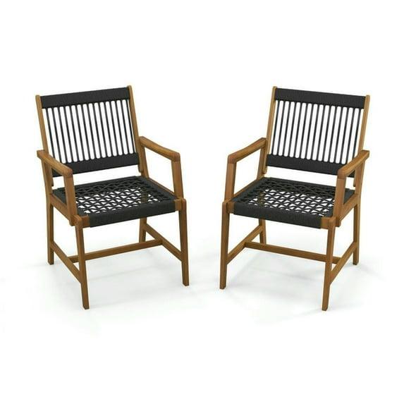 Costway Patio 2pcs Acacia Wood Dining Chairs All-Weather Rope Woven Armchairs Outdoor