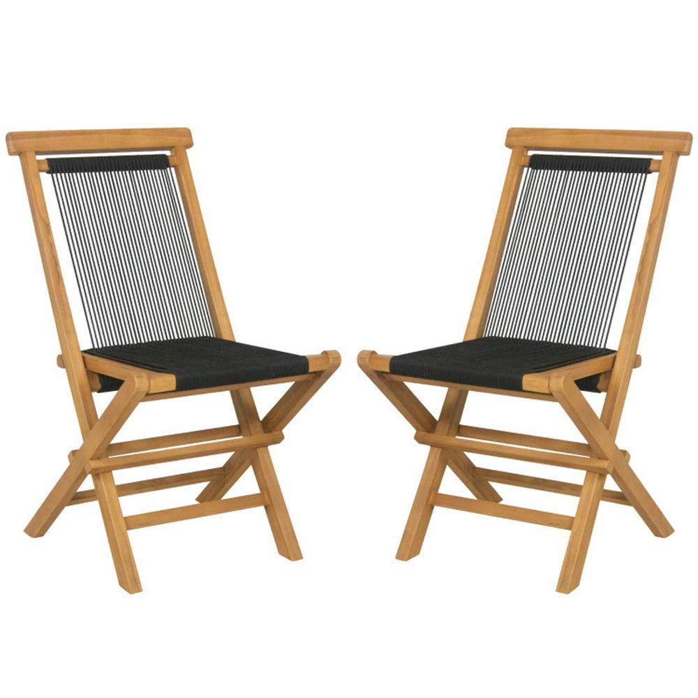 Natural Teak and Black Woven Rope Folding Patio Chairs, Set of 2