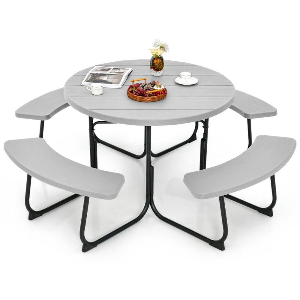 Costway Outdoor 8-person Round Picnic Table Bench Set with 4 Benches & Umbrella Hole Grey