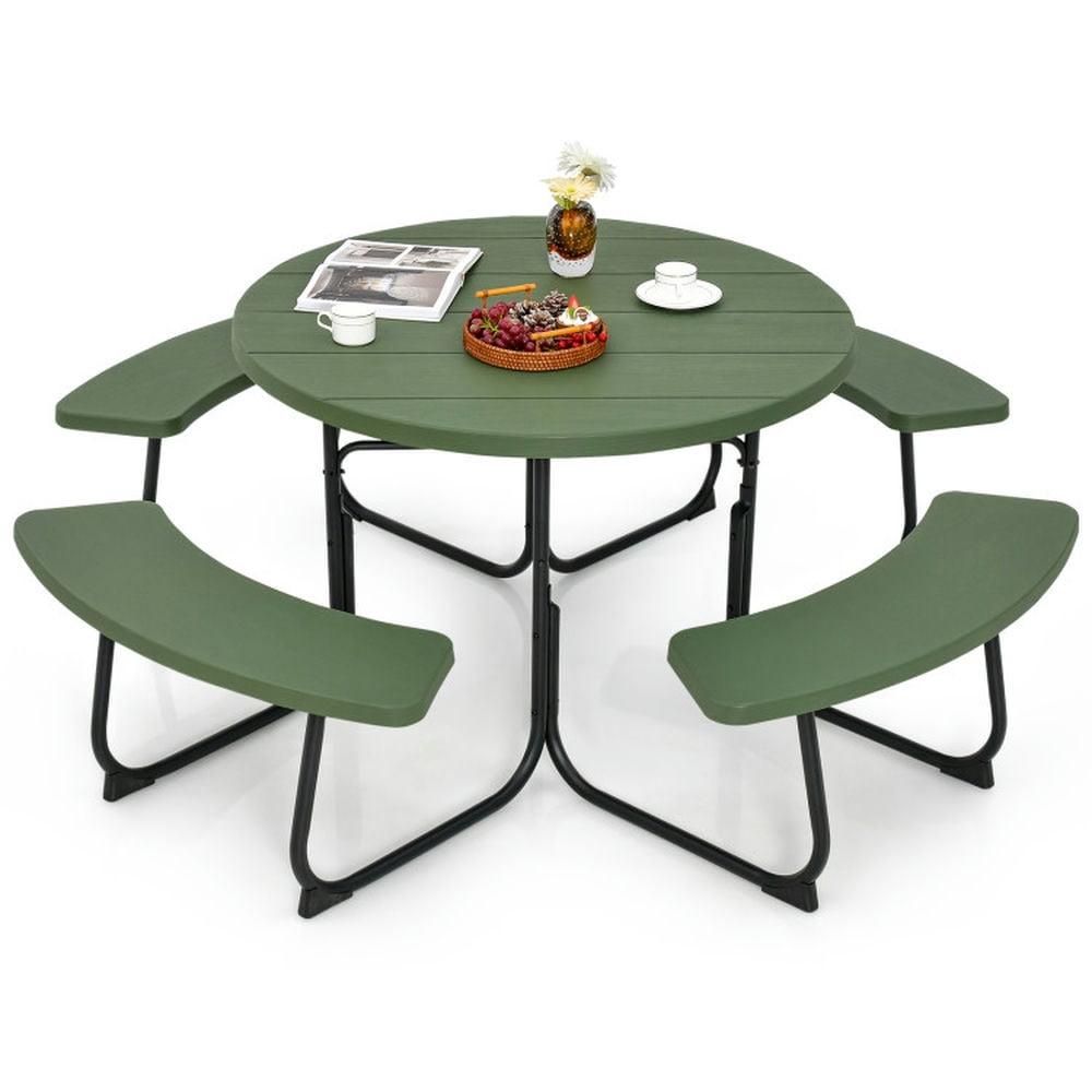 Costway Outdoor 8-person Round Picnic Table Bench Set with 4 Benches & Umbrella Hole Green