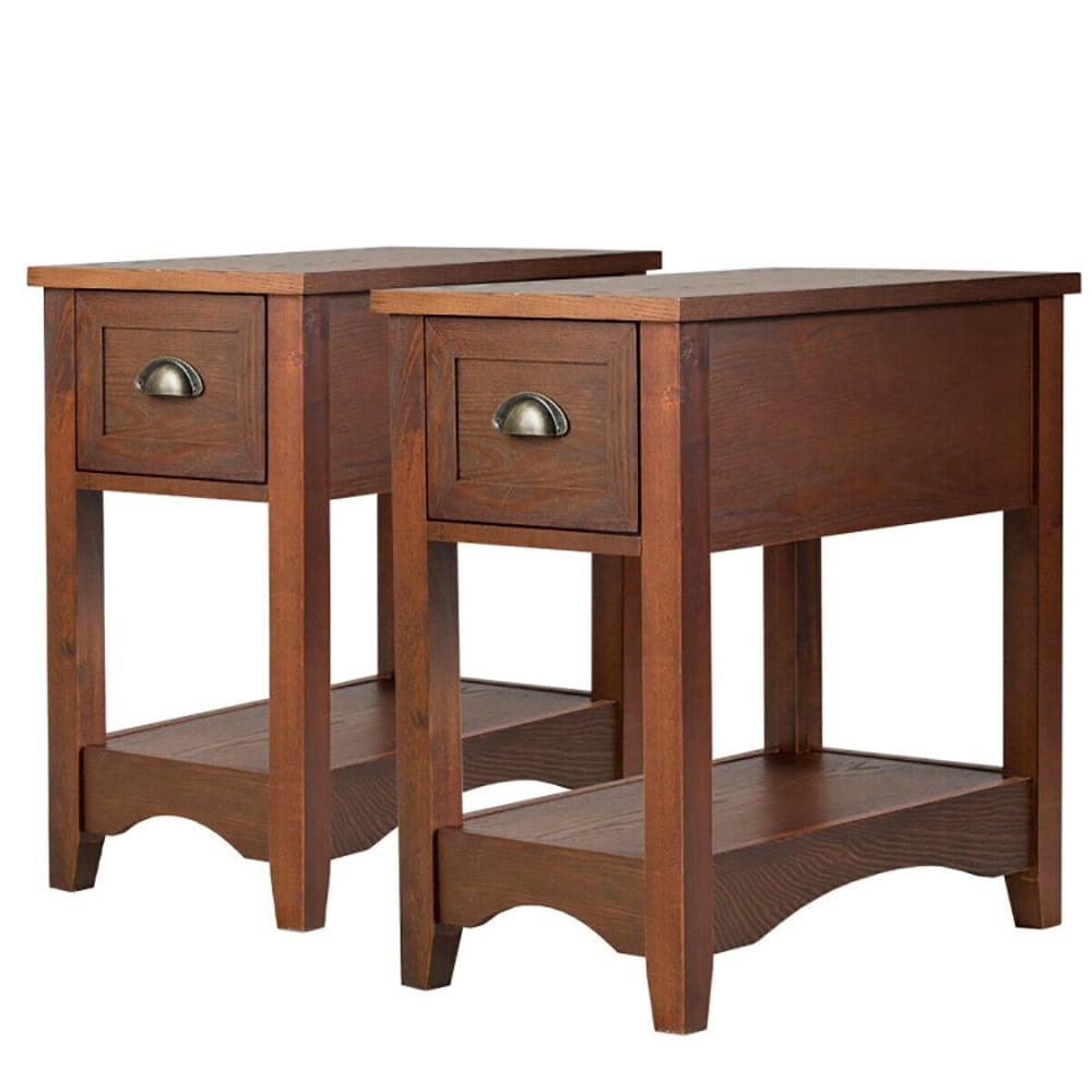 Canddidliike Set of 2 Contemporary Side End Table with Drawer-Walnut, Modern Nightstand, End Table for Bedroom Living Room