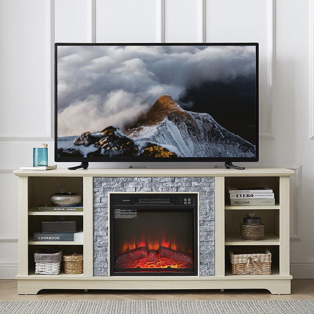 Kepooman Entertainment Stand,TV Stand,TV Media Stand, Modern Entertainment Console Space with 18" Fireplace Insert, White