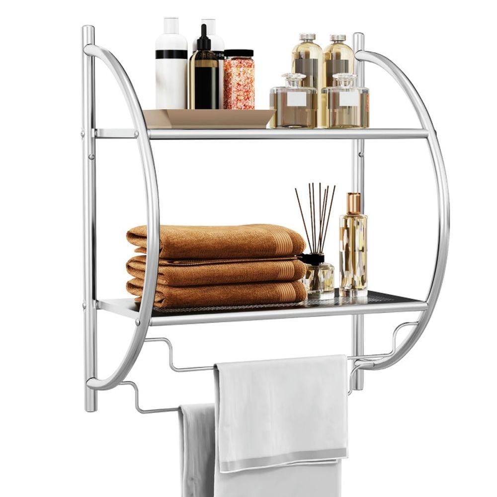 Wall Mount 2 Tier Bathroom Shelf with Bars, 18" W X 10" D X 22" H, Chrome Bathroom Shelf, Home Toilet Double Layer Shelf, Rustproof Chrome Shelf