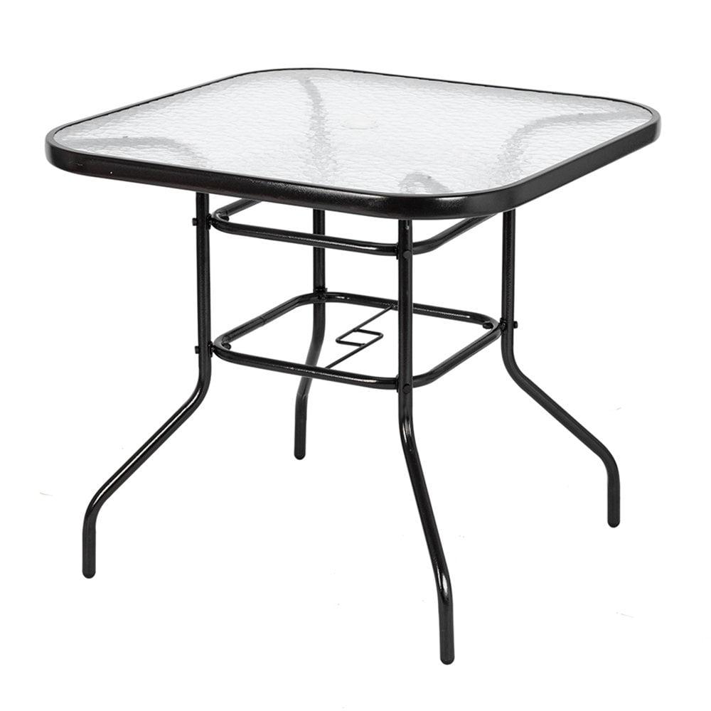 32" Square Black Steel Outdoor Dining Table with Glass Top