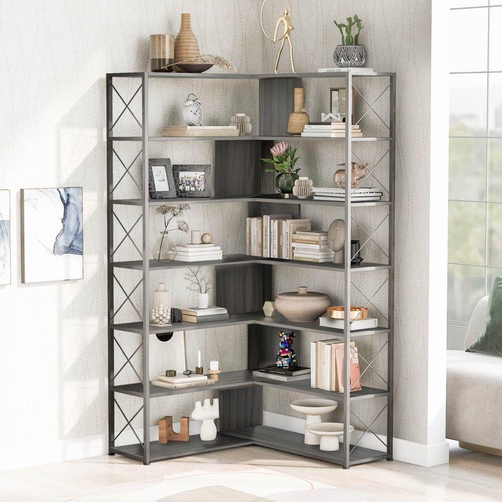 Silver Grey 7-Tier L-Shaped Corner Bookcase with Metal Frame